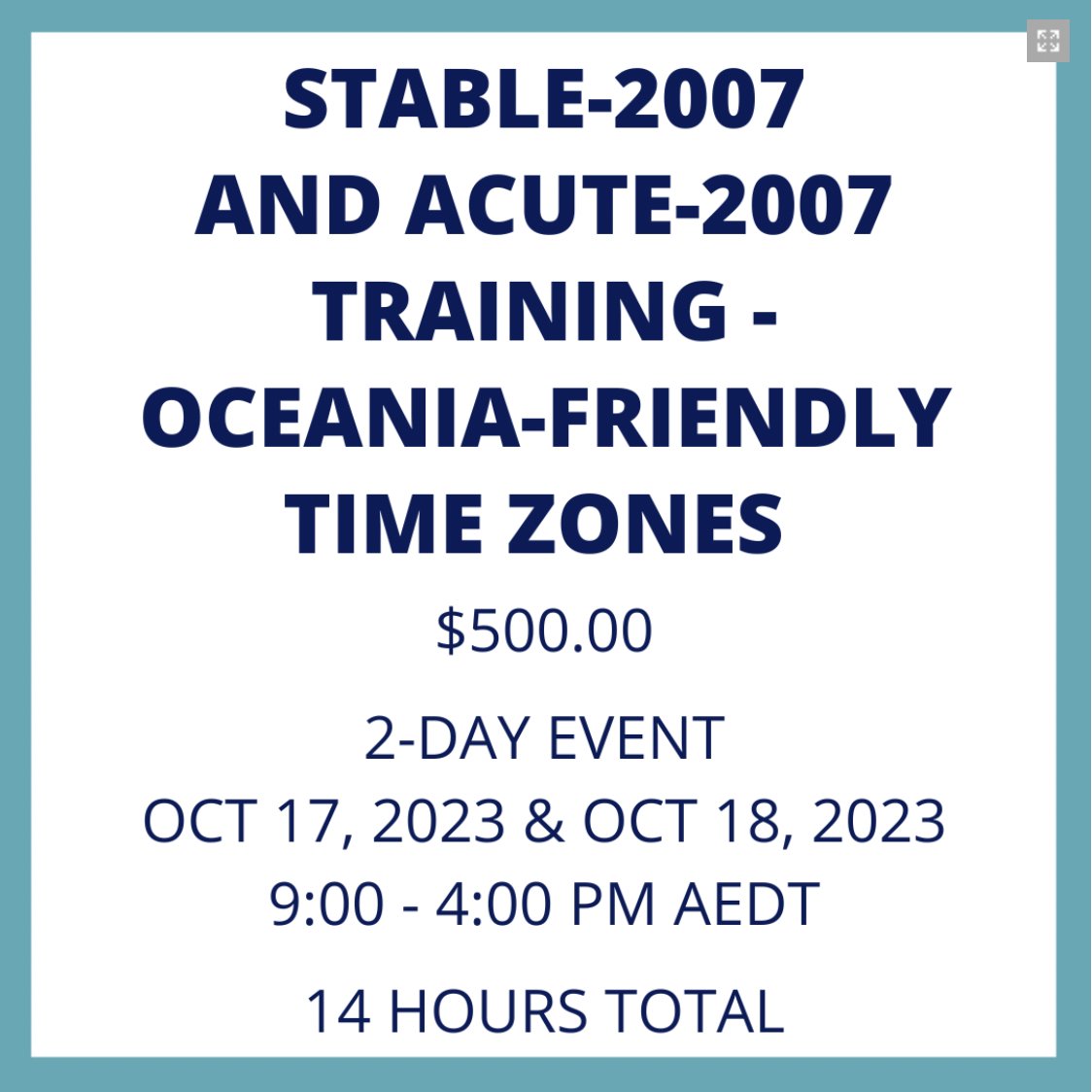 SAARNA is reserving 5 seats for $100 each in the upcoming STABLE/ACUTE 2007 training seminar for the first five students who sign up!

Training begins at 9:00 a.m. AEDT and 5:00 p.m. EST.

Don't miss out on this deal; sign up here: saarna.org/product/stable…