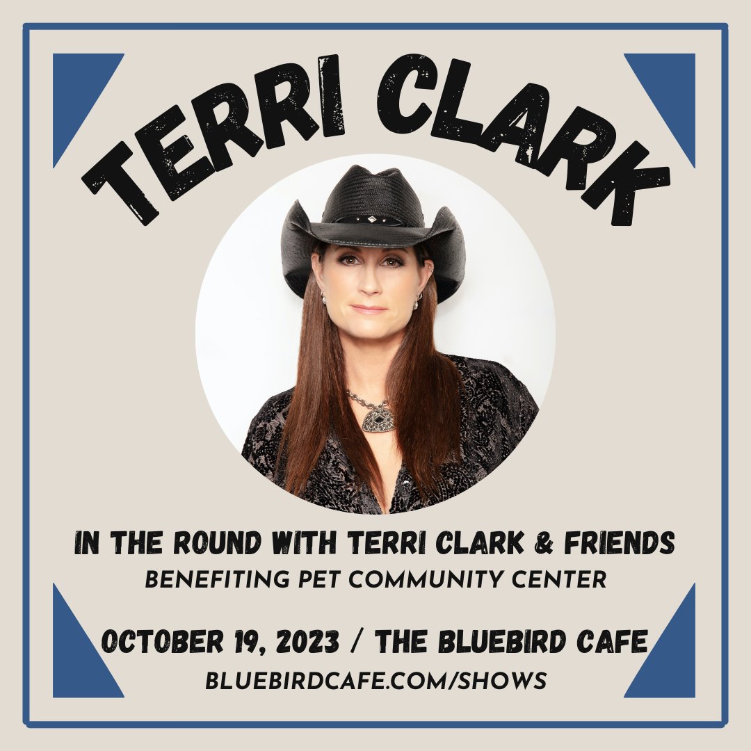 TerriClarkMusic's tweet photo. We’re taking over the @BluebirdCafeTN to raise money for the @PetCommunityCtr!! Excited to bring an all Canadian round to the iconic venue on October 19th… @MegPatrickMusic, @cdjmusic, @DericRuttan and myself. All for our furry friends! Tickets are on sale now! https://t.co/oDGLiAq1Rw