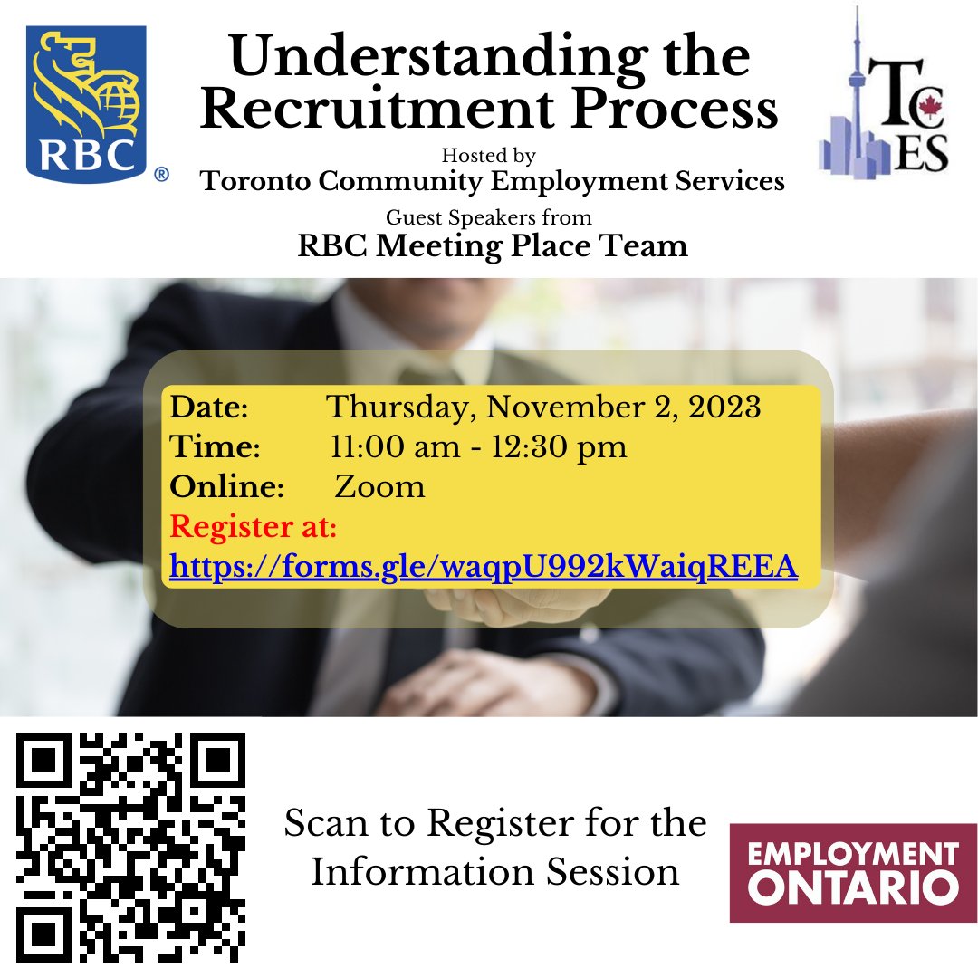 TCES1's tweet image. Understanding the Recruitment Process Information Session with RBC
Nov 2 at 11 am via Zoom
Register at forms.gle/L9Yz96M4Z1WqH8…

#torontojobs #toronto #torontoemployment #employmentontario #rbc #tces