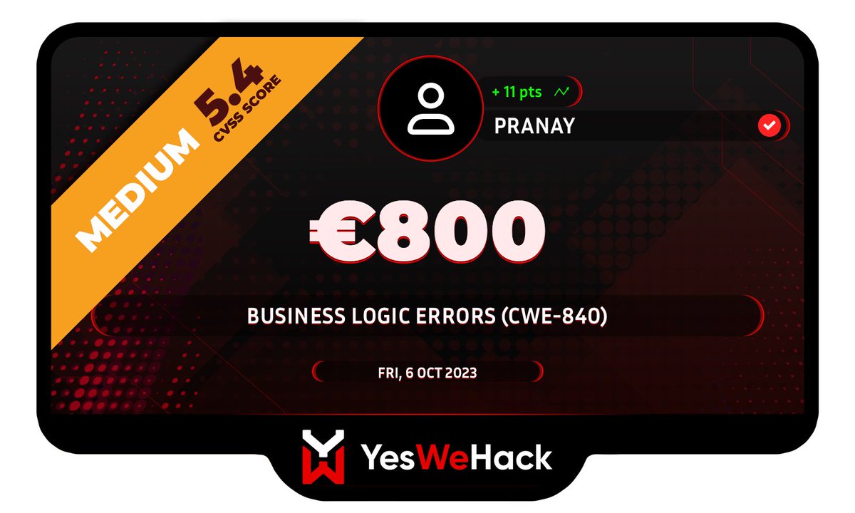 Just got a reward for a vulnerability submitted on <a href="/yeswehack/">YesWeHack ⠵</a> -- Business Logic Errors (CWE-840).  #YesWeRHackers #bugbounty 

Bug Type: Business logic error leads to permitting removed user to rejoin chat