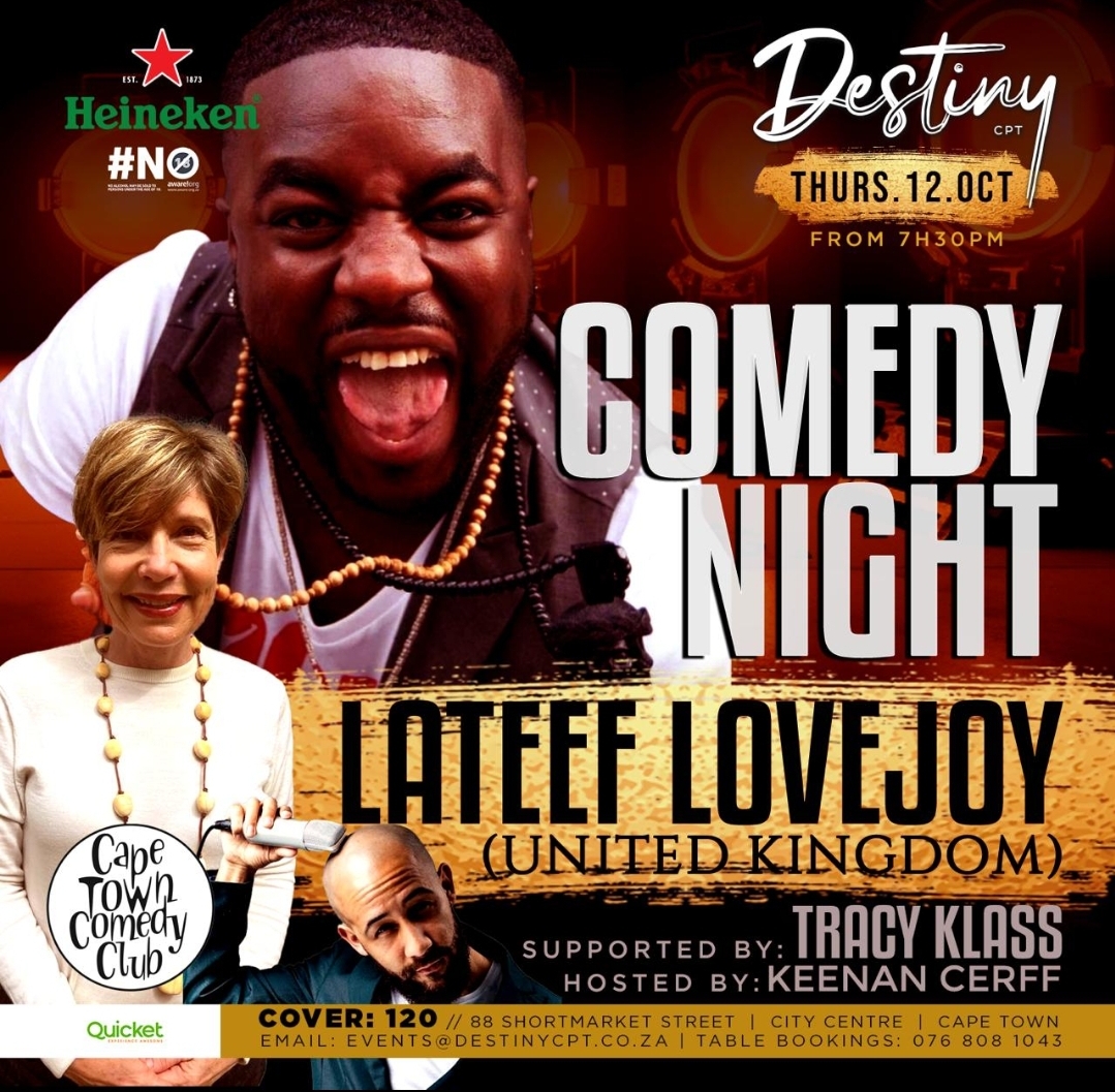 CapeTownComedyClub (@capetowncomedy) on Twitter photo Get your tickets now! Next Thursday, Destiny Nightclub has <a href="/LateefLovejoy/">Lateef Lovejoy</a> , <a href="/TracyKlass/">Tracy Klass</a> , and <a href="/K_Cerff/">Keenan Cerff</a> on stage!
You don't want to miss it.
Ladies Night follows, with a free glass of champagne for each lady.
Book here: qkt.io/lovejoy Get your tickets now! Next Thursday, Destiny Nightclub has <a href="/LateefLovejoy/">Lateef Lovejoy</a> , <a href="/TracyKlass/">Tracy Klass</a> , and <a href="/K_Cerff/">Keenan Cerff</a> on stage!
You don't want to miss it.
Ladies Night follows, with a free glass of champagne for each lady.
Book here: qkt.io/lovejoy