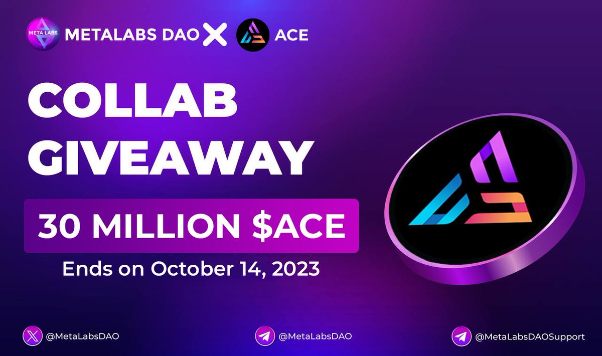 🥳 ACE X MetaLabs DAO #Giveaway 

🏆 Prize Pool «» 30,000,000 $ACE

✅ Follow <a href="/MetaLabsDAO/">MetaLabs DAO</a> &amp; <a href="/ace_erc20/">ACE</a> 
✅ Like, RT &amp; Tag 3 Friends
✅ Complete #Gleam⤵️
gleam.io/WUD8S/ace-x-me…

⏳ Ends 14th October

#Airdrop #ACEToken #Giveaway #Crypto #ETH #ACE #MetaLabsDAO