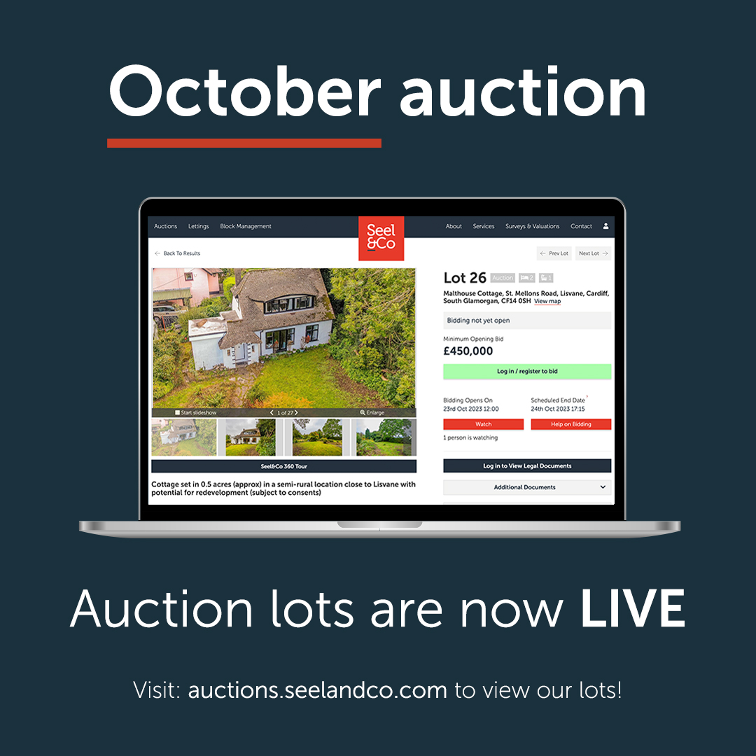 Our next online auction is Tuesday 24th October at 4pm! 🏡 🏴󠁧󠁢󠁷󠁬󠁳󠁿

Visit our website to view our initial auction properties - auctions.seelandco.com

For more information on any of the lots, please contact our auction team on:

📞 : 02920 370117
✉️ : auctions@seelandco.com
