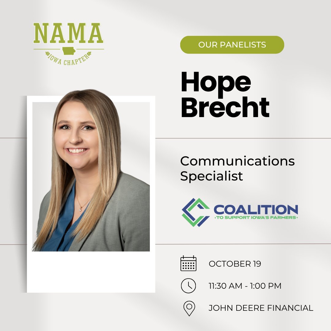 IowaNAMA's tweet photo. Join Iowa NAMA on October 19 at John Deere Financial in Johnston for lunch and a lively panel discussion! Featuring three leading Iowa ag organizations, this panel with highlight the communication strategies they find most effective. Register now: https://t.co/vBKJCSgD8J https://t.co/wbmHI6pr9x