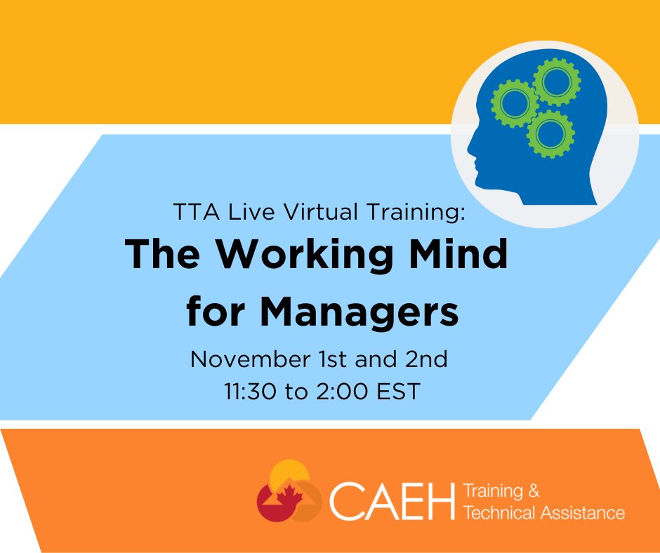 TTA Live Virtual Training: The Working Mind for Managers

Ensure your workplace climate is conducive to support employees' mental health and well-being. 

- - - 
November 1st and 2nd 
11:30 to 2:00 EST
More info:  loom.ly/5LR9nMQ
- - -