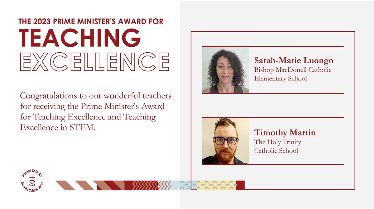 TCDSB's tweet photo. Congrats to Sarah-Marie Luongo from @BishopMacTCDSB & Timothy Martin from @TCDSB_THT on being recipients of the prestigious 2023 Prime Minister's Awards for Teaching Excellence and Teaching Excellence in #STEM.
#onted https://t.co/gZ3bj7aETn
