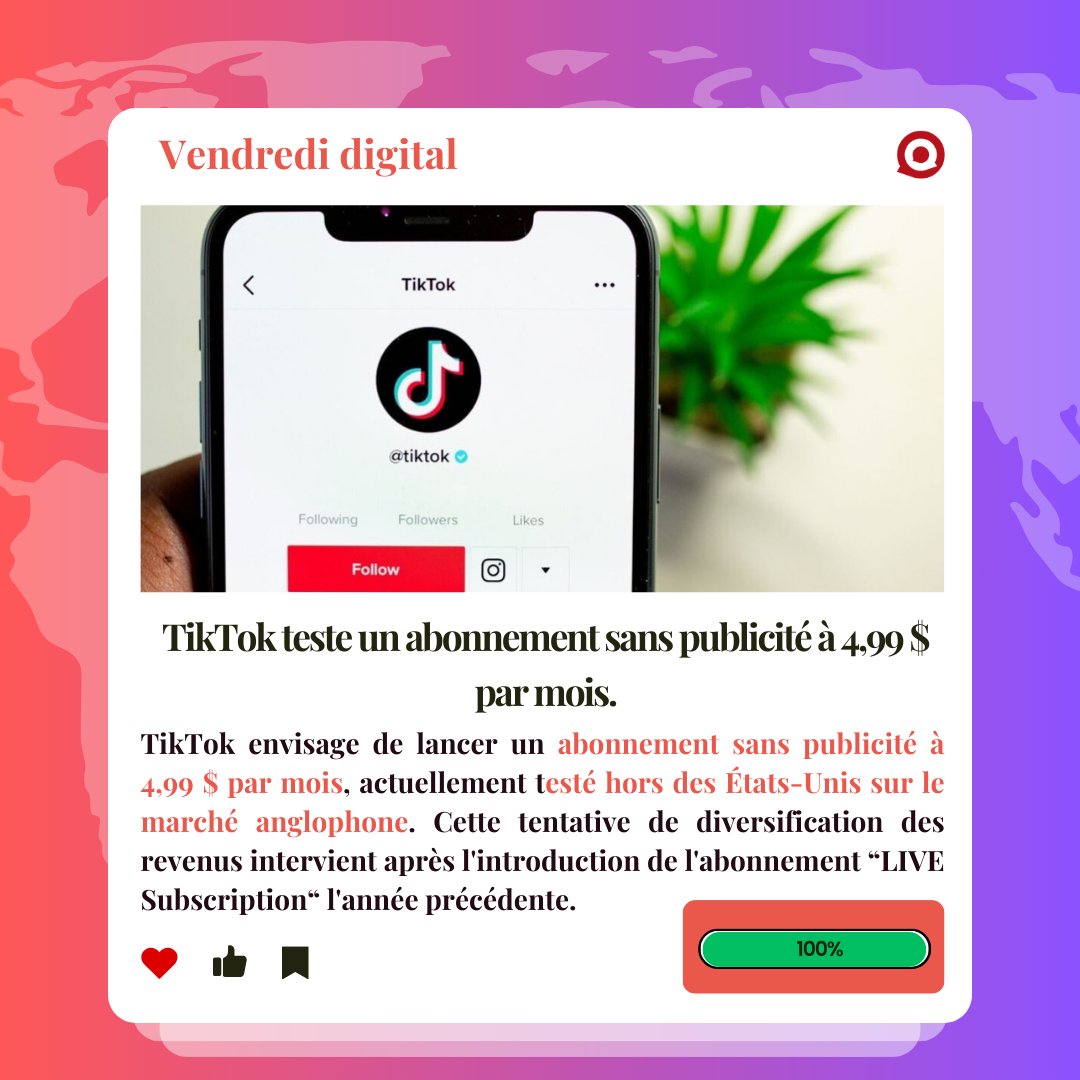 📱 #VENDREDIGITAL voici les 5 infos à ne pas manquer

1️⃣ Meta : déploiement de chatbots IA incarnés par des célébrités.

2️⃣ LinkedIn : la plateforme fait un nettoyage en supprimant les comptes inactifs.

3️⃣ TikTok teste un abonnement sans publicité à 4,99 $ par mois.