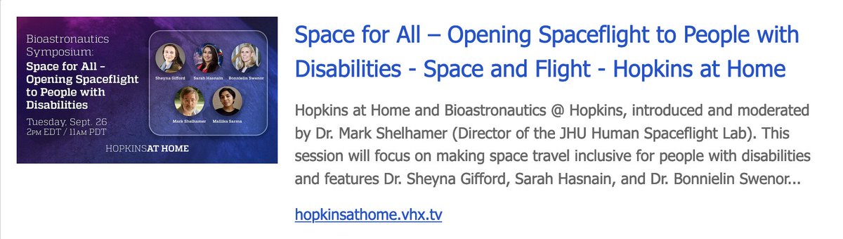 Thank you Hopkins@Home for hosting this discussion on accessibility in spaceflight #DisabilityTwitter   
#disability #inclusion #accessibility #space #exploration 
hopkinsathome.vhx.tv/videos/bioastr…