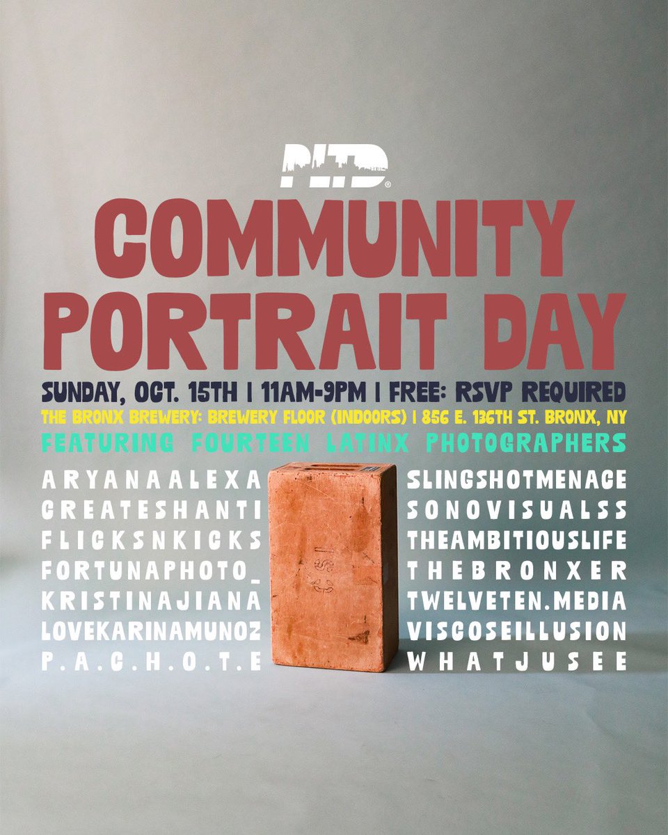 PericoLimited's tweet image. As Latino Heritage Month comes to an end, we are trilled to host our very first Community Portrait Day!

We have a team of 14 Latinx photographers from across the city, ready to capture your best side! 

THIS IS A FREE EVENT!
Oct. 15th. 11am to 9pm
RSVP: shorturl.at/fjDP7