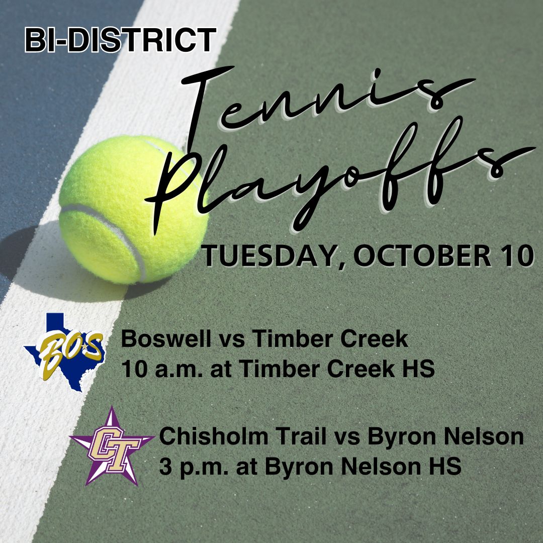 No school tomorrow? No problem! Spend your day cheering on our tennis teams at their Bi-District Playoff Matches!!!🎾📣
Tuesday, Oct. 10
<a href="/Pioneer_Tennis/">🎾 Boswell Tennis 🎾</a> vs Timber Creek - 10 AM at TCHS
<a href="/CTRangertennis/">CTHS Tennis</a>  vs Byron Nelson - 3 PM at BNHS
#playoffs #LetsGo #round1