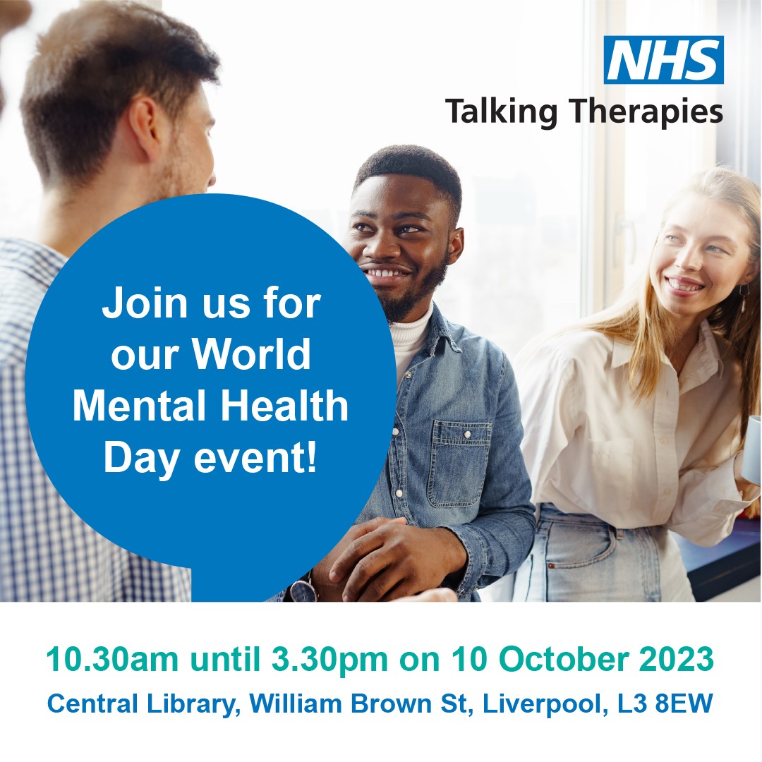 TalkTherapyLiv's tweet photo. Join us on Tuesday 10th October at Liverpool Central Library for our World Mental Health Day event. We have many services who have volunteered their time to attend, as well as freebies and activities happening throughout the day! @Mersey_Care @Lpoolcentlib #nhstalkingtherapies https://t.co/7DXTK6YiJC