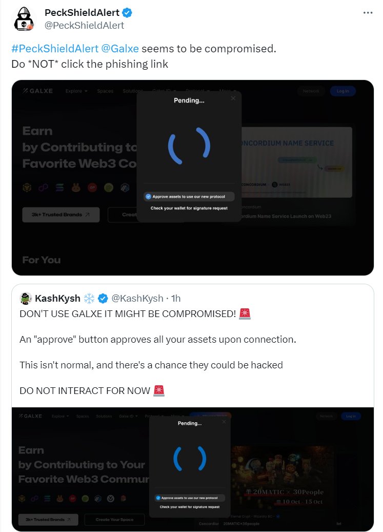 aioicommunity's tweet photo. PeckShield cảnh báo nền tảng Galxe có khả đã bị khai thác, một người dùng nói về việc Galxe xuất hiện một nút bấm "Approve" khi bấm sẽ "Approve" tất cả các tài sản có trong ví. 

 Việc này có thể sẽ dẫn đến các mất mát xảy ra, hiện chưa có thống kê về thiệt hại. 

 Mọi người nên dừng tương tác với giao thức và revoke các token đã cấp quyền cho galxe để an toàn nhất.