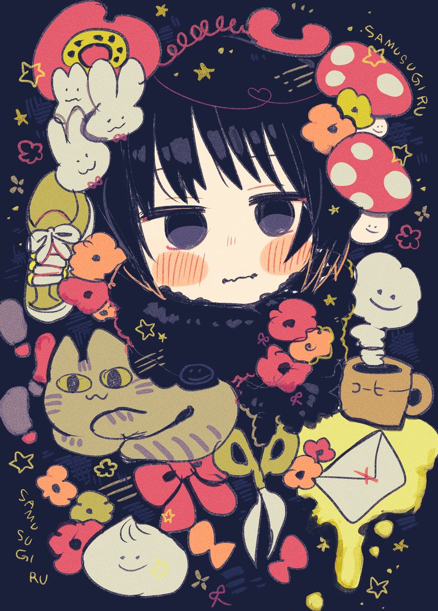 1girl black hair solo cat flower envelope blush  illustration images