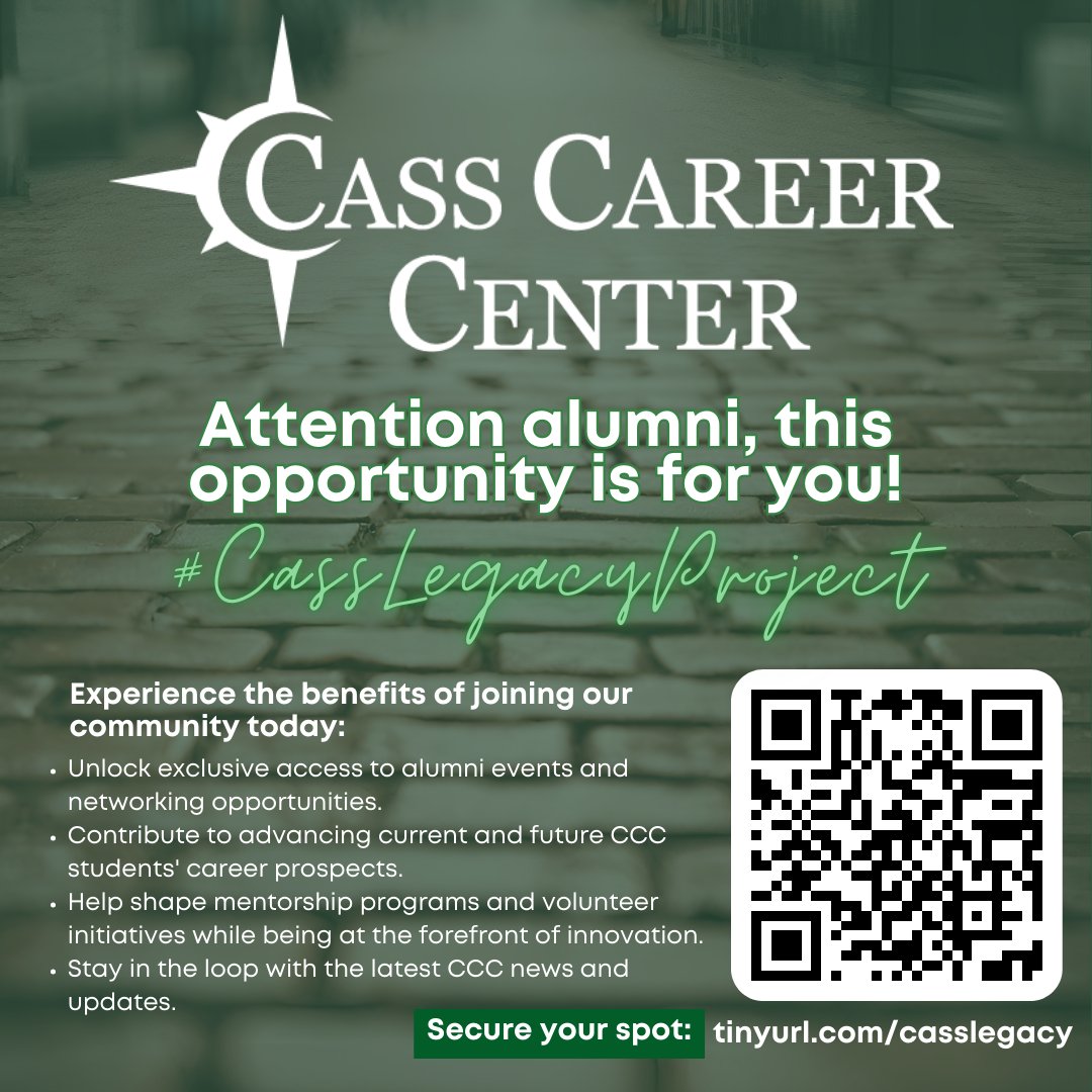 CCC Alumni: We're on a mission to connect and celebrate our incredible alumni community. Help us make our network stronger by completing our Alumni Form. We can't wait to hear from you! Let's keep the legacy alive! 💫#CassLegacyProject 🌐 Secure your spot: tinyurl.com/casslegacy