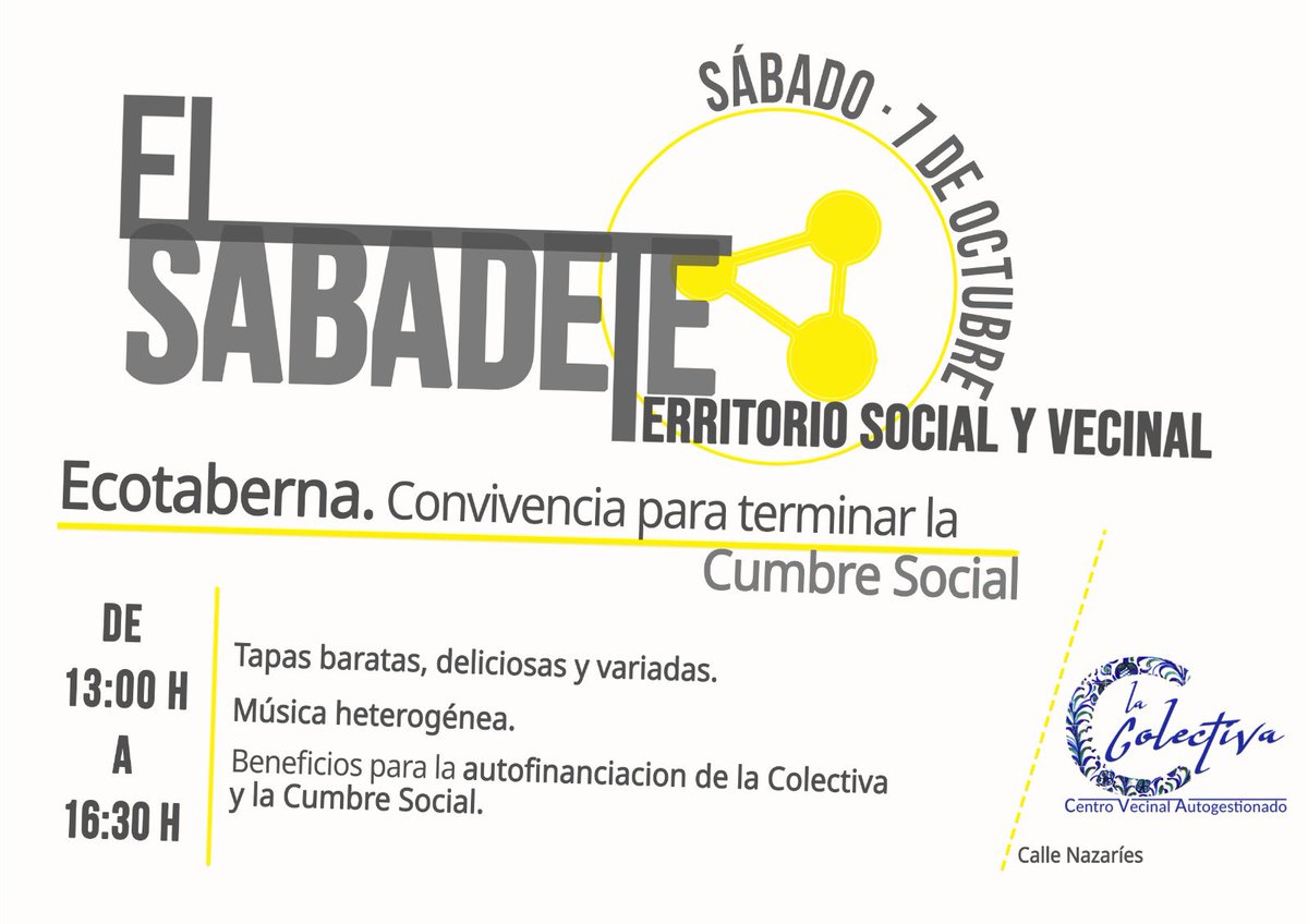 💛🌍
*CUMBRE SOCIAL GR 23*
📅📍
*Sábado 7 de octubre*
🍺🧃
*Ecotaberna de “el Sabadete”*
12h. La Colectiva (c/Nazaríes s/n).
LA COLECTIVA

📎📋
Aquí tenéis el manifiesto, las actividades de los colectivos y la guia de recursos :
bit.ly/3EmqB47