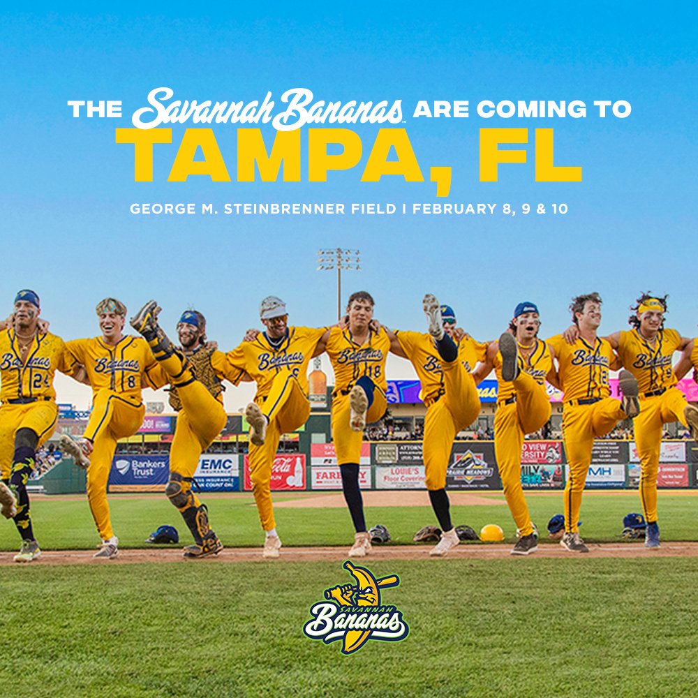 GMSField's tweet photo. HOLY BANANAS, we can't wait to kick off the 2024 Banana Ball World Tour! 🍌🍌

#ICYMI the Savannah Bananas are back for THREE entertaining nights, February 8, 9 &amp; 10! 

Join the Ticket Lottery: https://t.co/bzV6izBjFl https://t.co/pVmnL2fgHM