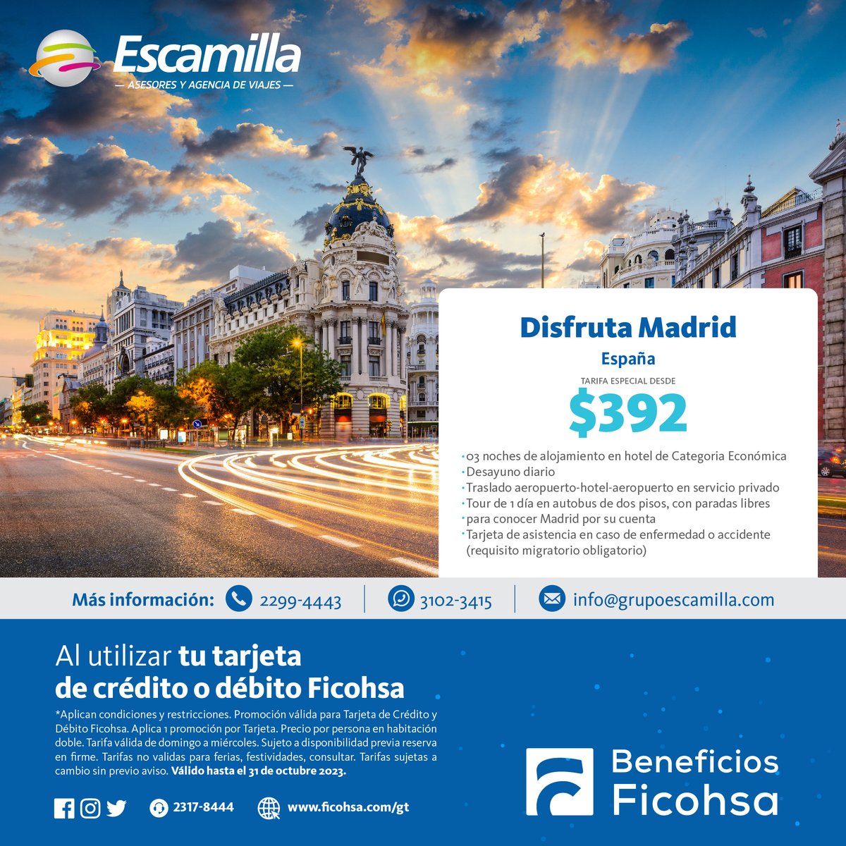 Disfruta Madrid o vive Cartagena para este fin de año con tu Tarjeta Ficohsa y Agencia de Viajes Escamilla 🛫 ¡Aprovecha las tarifas EXCLUSIVAS para clientes Ficohsa!

Conoce más beneficios que obtienes con tus Tarjetas AQUÍ: bit.ly/3tpbdfh
#FicohsaGT #BeneficiosFicohsa