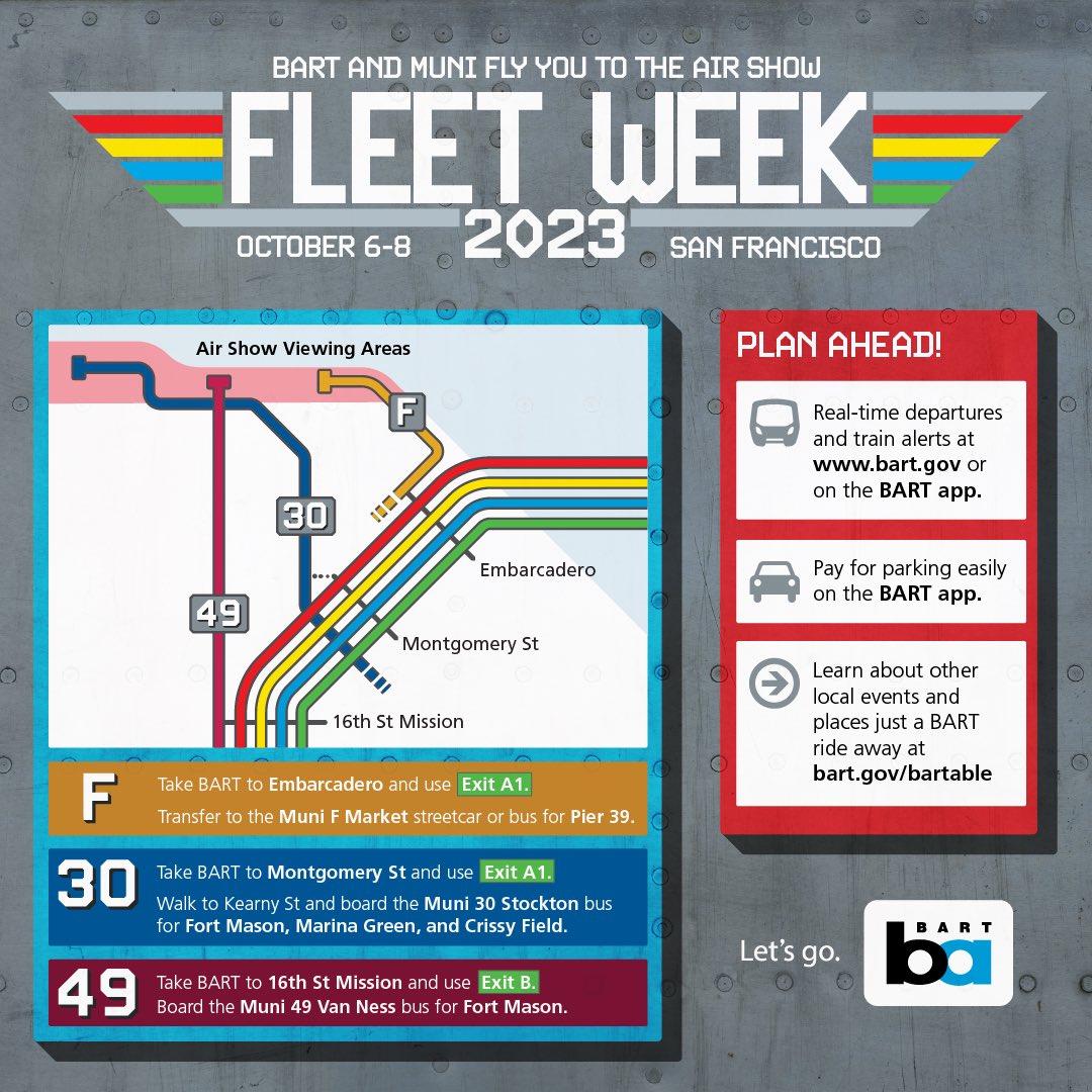 Don’t drive into San Francisco for Fleet Week events…take BART + @SFMTA_Muni. We will have long trains today and all weekend. bartable.bart.gov/featured/your-…