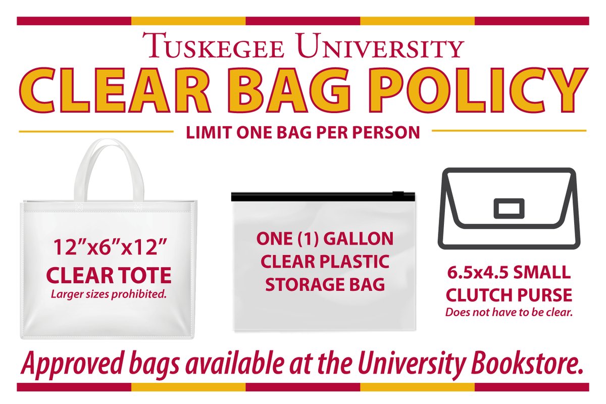 Tuskegee alumni and fans, the university will have a clear bag policy in full effect for all events and venues. Visit the bookstore to get your TU clear bag! bkstr.com/tuskegeestore/…

#OneTuskegee #TUGether23 #TUHC23