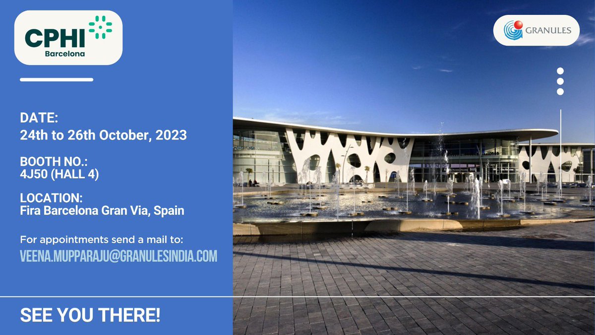 We're excited to be part of CPHI 2023 in Barcelona, Spain from October 24th to 26th. Visit our booth and discover the future of pharma innovation. See you there!  #CPHI2023 #PharmaInnovation #GranulesAtCPHI
