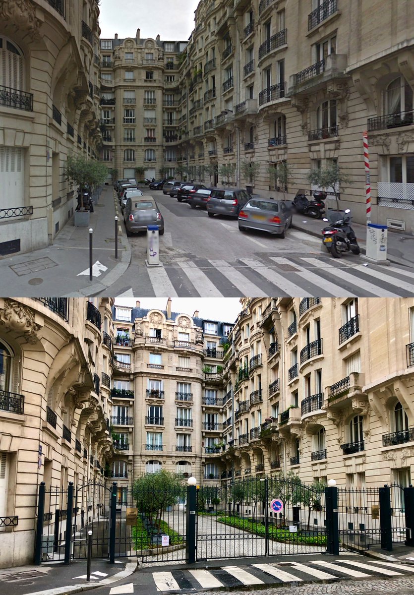 Avant / Après le Square Reynouard dans le 16ème arrondissement. Les copropriétaires de la voie privée ont remplacé leurs places de parking par de la végétation et des arbres derrière des grilles. Si même dans le 16ème on se met à retirer les parkings autos en surface, où va-t-on?