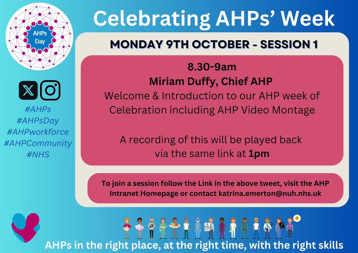 We begin our #AHPsweek celebrations Mon 9th Oct with a live welcome from Miriam Duffy, @TeamNUH Chief AHP 🥳 • We will be showcasing an #AHP video montage in this session 😍 • Click the link to join the session at 8.30 (link also available on intranet) teams.microsoft.com/dl/launcher/la…