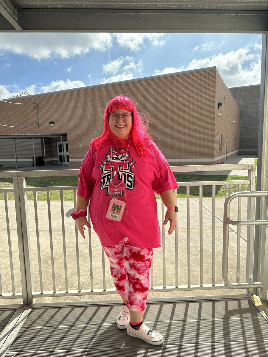 THSNAHS's tweet photo. It’s Pink Out Day 2023 at THS!! Miss. Albritton is really Pink Spirited today by going all out from head to toe in Pink! #TravisPinkOut23 https://t.co/tIRETorUY7