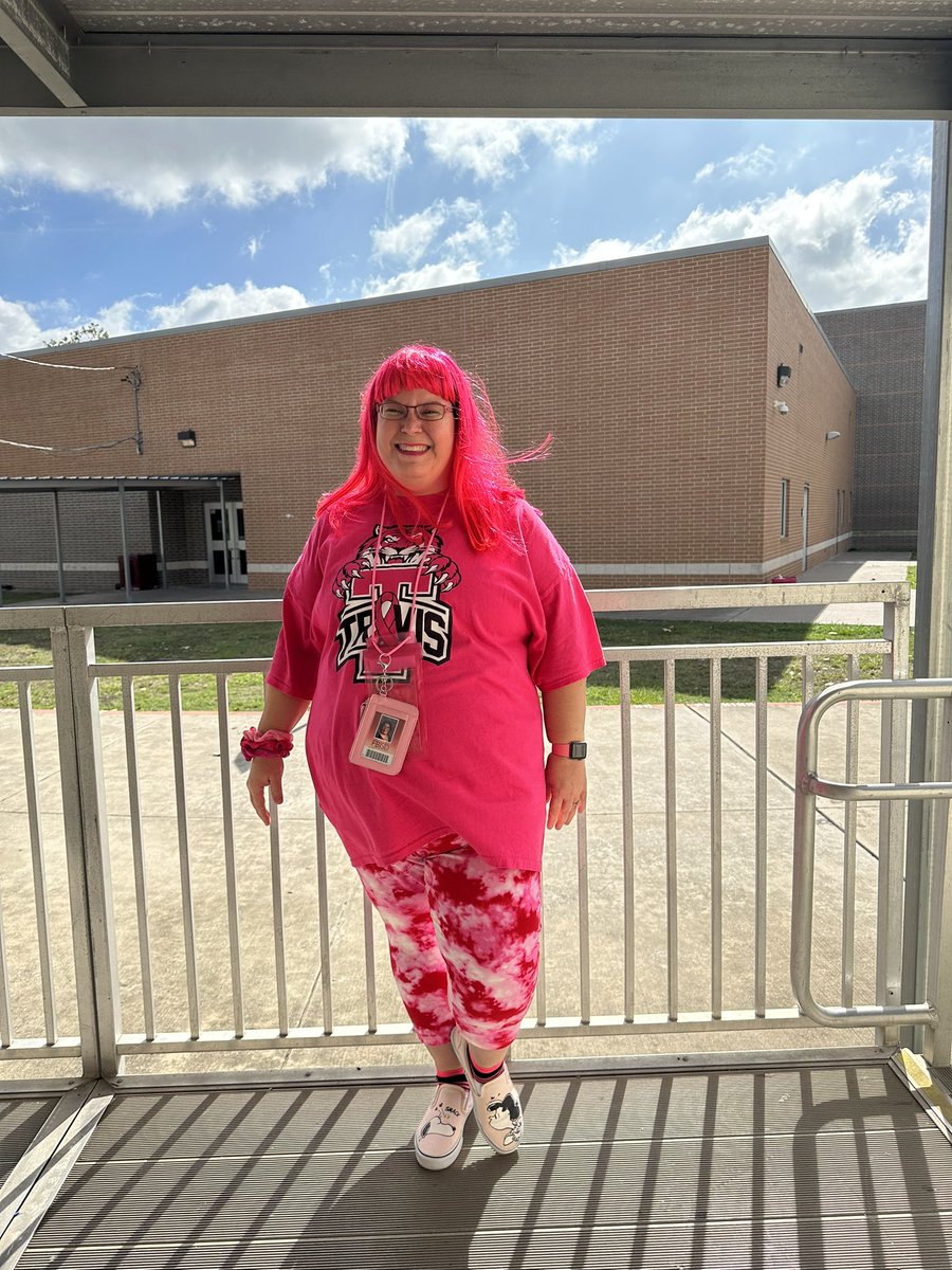 THSNAHS's tweet photo. It’s Pink Out Day 2023 at THS!! Miss. Albritton is really Pink Spirited today by going all out from head to toe in Pink! #TravisPinkOut23 https://t.co/tIRETorUY7