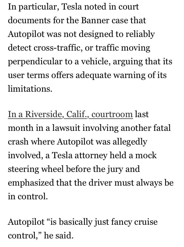 When a CEO says “it’s probably better than a person,” but his lawyer defense includes “it’s basically just fancy cruise control” to say the deceased driver should have resumed control… one of them is lying.

Either way, seems to me that Tesla is culpable

washingtonpost.com/technology/int…