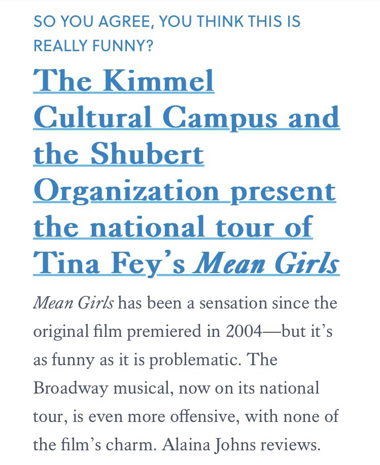 Alaina Johns (@writer_alaina_j) on Twitter photo Get in loser, we’re going to review the #MeanGirls musical (in Philly thru Oct 8) in <a href="/broadstreview/">Broad Street Review</a>. broadstreetreview.com/reviews/the-ki… Get in loser, we’re going to review the #MeanGirls musical (in Philly thru Oct 8) in <a href="/broadstreview/">Broad Street Review</a>. broadstreetreview.com/reviews/the-ki…