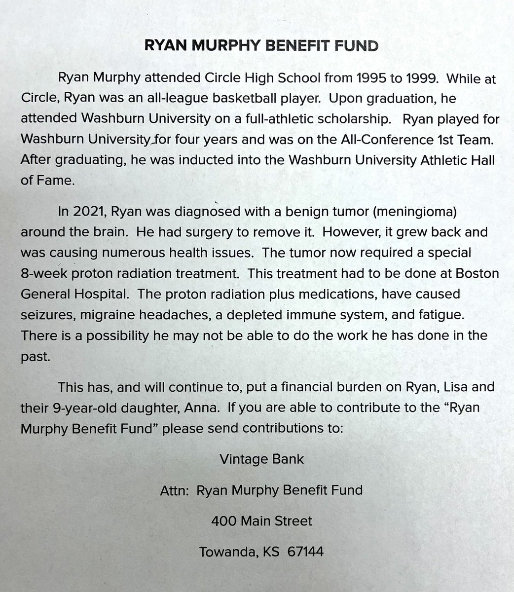 Washburn family ‼️
One of our own &amp; former great Ichabod Ryan Murphy is going through a tough medical battle &amp; could use our support. Anything you can give is appreciated! 

Send to: 

Vintage Bank
Attn: Ryan Murphy Benefit Fund 
400 Main St. 
Towanda, KS 67144