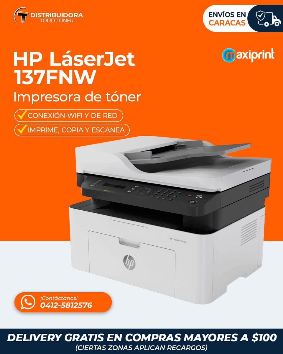 distodotoner's tweet photo. ¿Necesitas una impresora que copie y escanee tamaño oficio? ¡La 137FNW es para ti!

Posee conexión Wi-Fi y de red para que la conectes a múltiples dispositivos (inclusive tu telefono o tablet) e imprimas desde cualquier sitio.

¡Llévatela con DELIVERY GRATIS en Caracas! 🚚 https://t.co/CdZphuwbq8