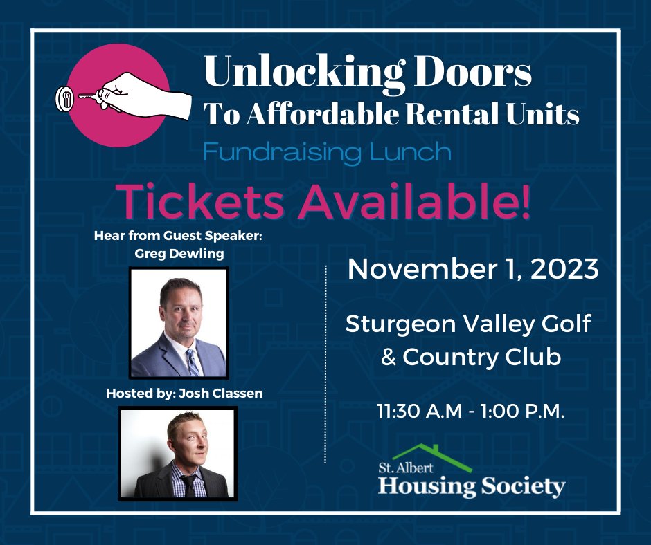 StAlbertHousing's tweet image. Have you purchased tickets for our fundraising lunch on November 1st? Secure your spot today and hear from guest speaker Greg Dewling!

Register Now! eventbrite.ca/e/unlocking-do…

#StAlbertHousingSociety #UnlockingDoors