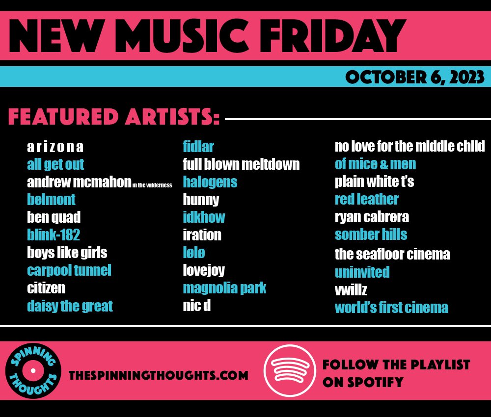 NEW MUSIC FRIDAY OCTOBER 6 REFRESH feat. @andrewmcmahon @BelmontChicago @benquadok @carpooltunnelca @CitizenMi @iDKHOW @lolopopgurl @Magnoliaparkfl @OMandM @plainwhitets @RyanCabrera + more! Follow the playlist + tell us what you’re listening to today! tinyurl.com/newmusicfriday…
