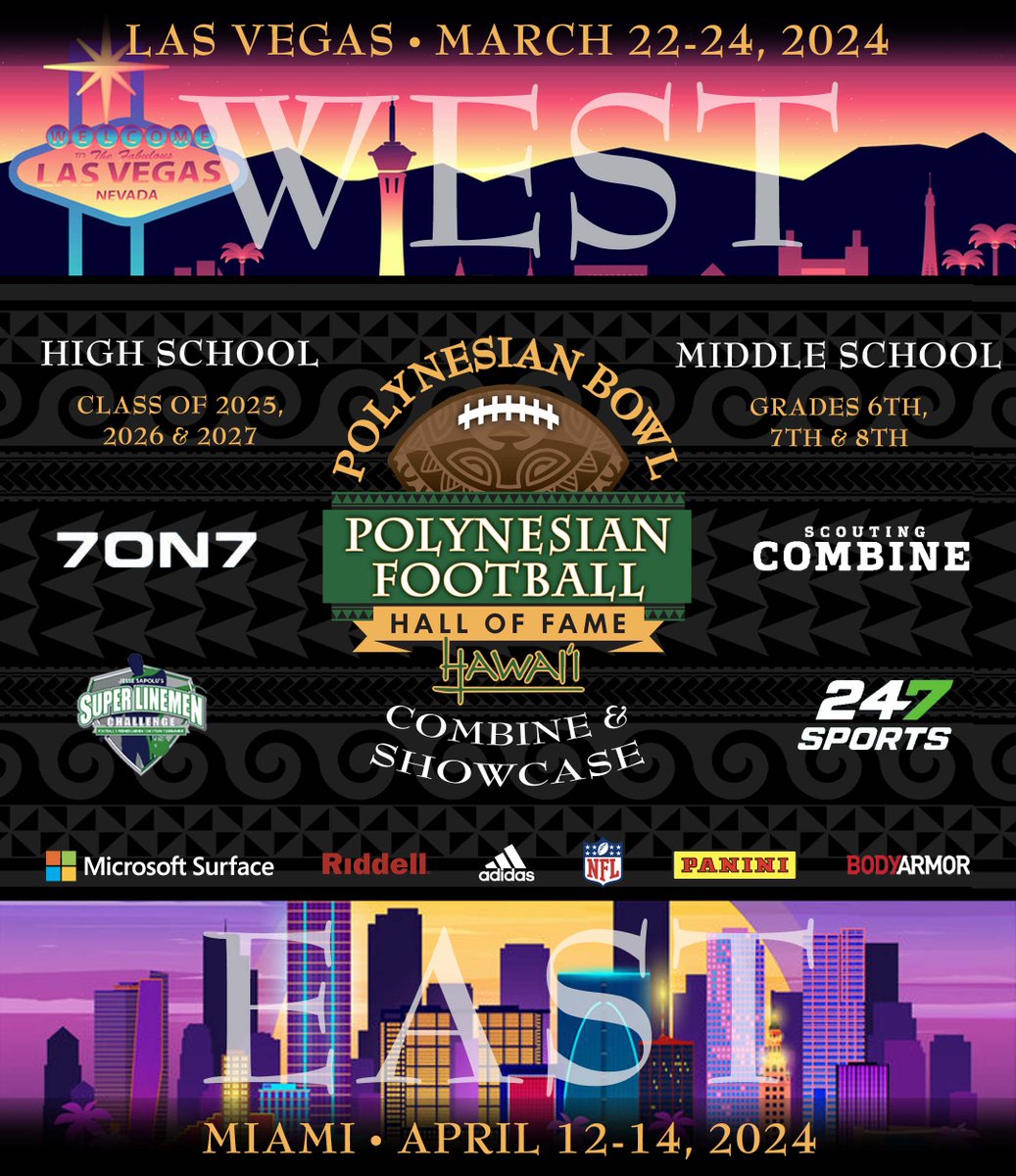 ANNOUNCING the 2024 POLYNESIAN BOWL COMBINE & SHOWCASE! 🤙🏽🌴 Two great locations to choose from... LAS VEGAS (West) and MIAMI (East). ROSTER SPOTS ARE LIMITED, so REGISTER today: polynesianbowl.com/nationalcombine Here's your opportunity to be selected to play in the Polynesian Bowl,…