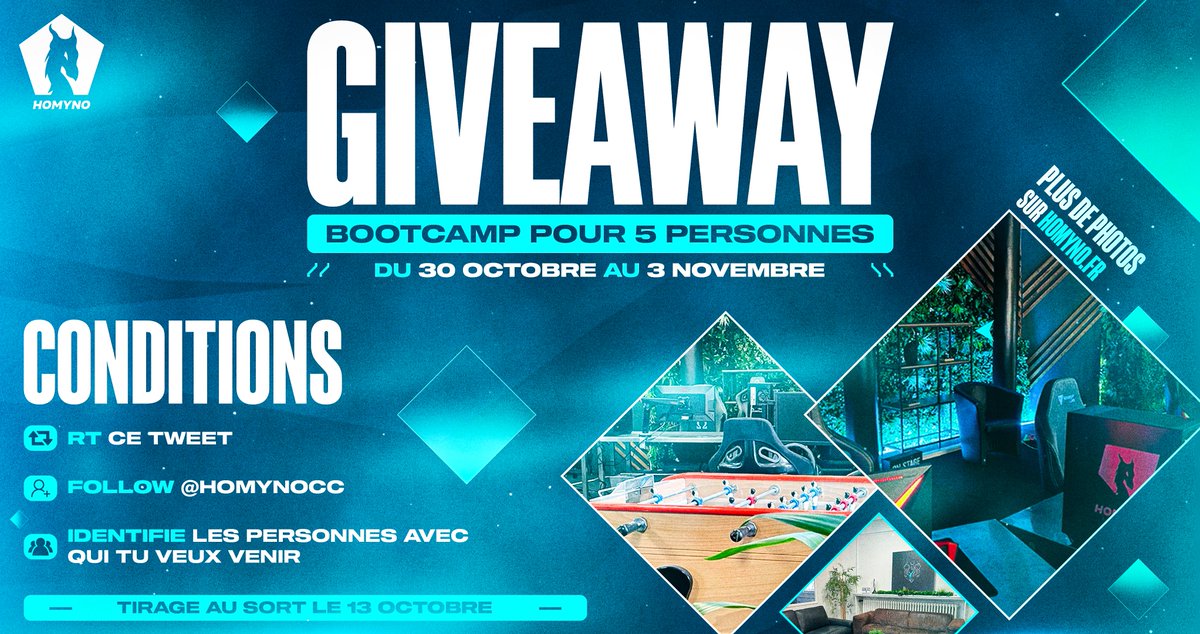 🎁 GIVEAWAY #BOOTCAMP 🎁

Tente de gagner ton bootcamp pour 5 personnes 𝗱𝘂 𝟯𝟬 octobre au 𝟯 novembre incluant : hébergement sur place, cuisine &amp; salle d'eau 🏡

Pour participer :
🔁 RT
❤️ Follow <a href="/HomynoCC/">Homyno 🐉</a>
👥 @ ceux avec qui tu veux venir

 ✚ d'infos en commentaire ⬇️