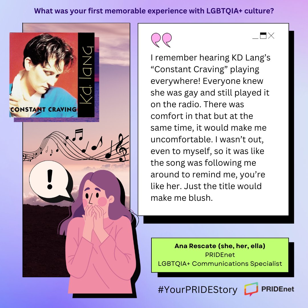 ThePRIDEStudy's tweet photo. Ever have that paranoid feeling like everyone knew/knows you're LGBTQIA+? You're not alone. Ana shares her experience with KD Lang’s “Constant Craving” playing everywhere. In the moment it felt pretty distressing, but now it's something she looks back at fondly. #YourPRIDEStory https://t.co/jkyMGu48j8