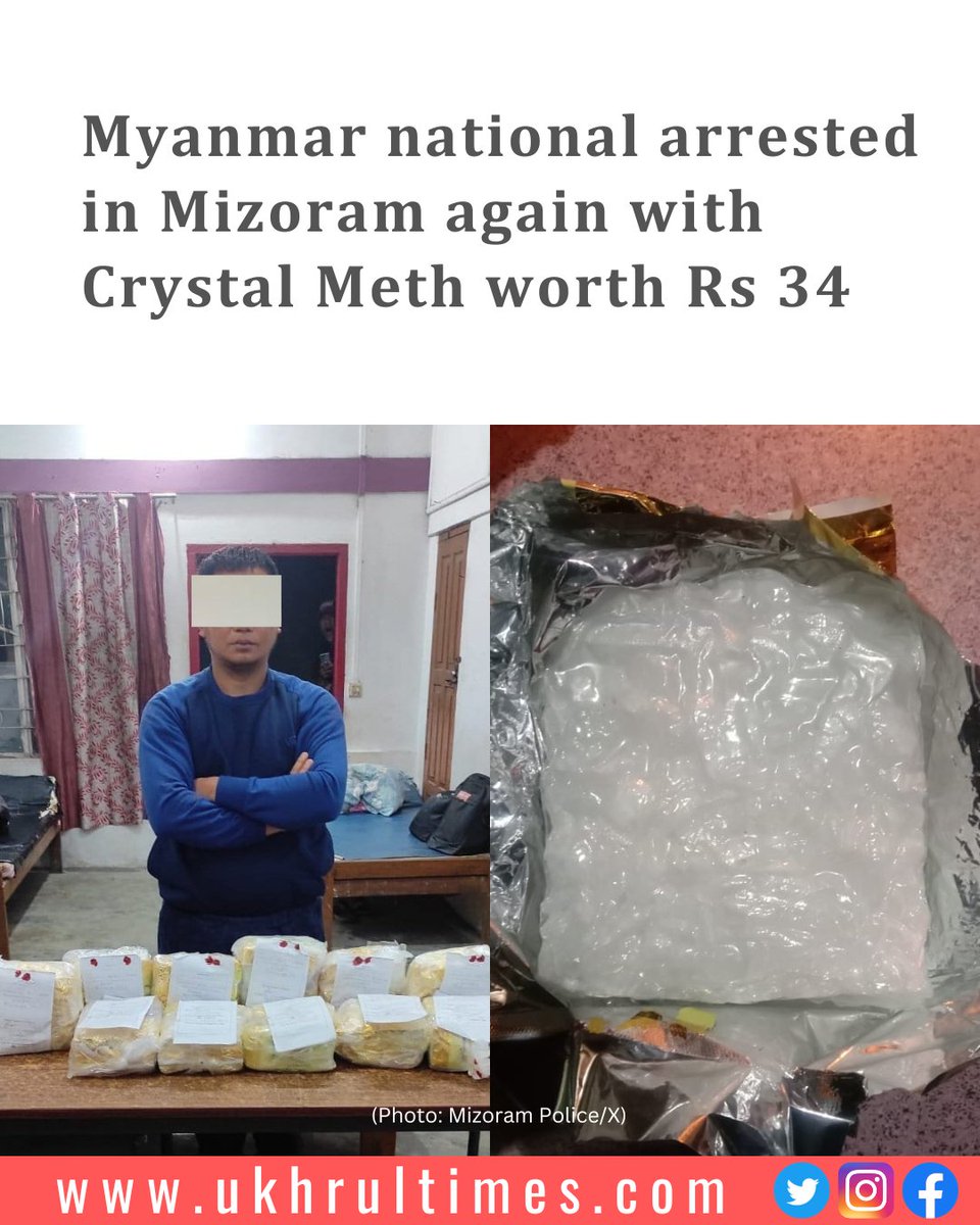 ukhrultimes's tweet photo. #Aizawl: #MizoramPolice has expressed concerns over rising cases of #drugs smuggling in the state. The #police yet again arrested another #Myanmar national with huge catch of #CrystalMeth weighing around 11.6 Kgs worth Rs. 34 Crores on October 4 at Zemabawk East, Aizawl, the capital of #Mizoram. #WarOnDrugs    

Must read | https://t.co/mEuWC7kNho