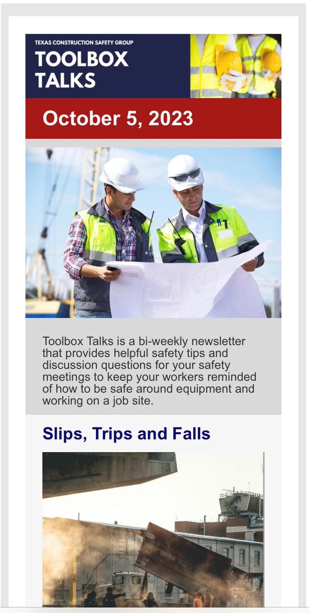 TexconAssn's tweet image. Slips &amp;amp; Trips (and Falls) Today in Toolbox Talks!
*Toolbox Talks is a bi-weekly newsletter that provides helpful safety tips and discussion questions for your safety meetings to keep your workers reminded of how to be safe around equipment and working on a job site.
#ToolboxTalks