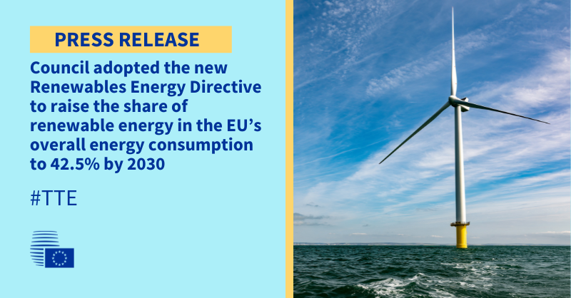 EUCouncilPress's tweet photo. The @EUCouncil adopted the new Renewables Energy Directive to raise the share of #renewableenergy in the EU’s overall energy consumption to 42.5% by 2030.

This will help the EU reaching its climate goal of reducing EU emissions by at least 55% by 2030.

Find out more 👇