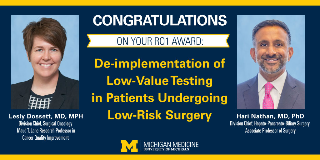 Michigan Surgery (@umichsurgery) on Twitter photo Important work on low-value testing to come from
@leslydossett and <a href="/WhatsUrHari/">Hari Nathan, MD, PhD</a> thanks to this award.
Congratulations! 🔽🔽🔽 Important work on low-value testing to come from
@leslydossett and <a href="/WhatsUrHari/">Hari Nathan, MD, PhD</a> thanks to this award.
Congratulations! 🔽🔽🔽