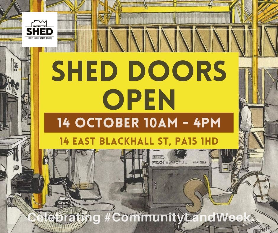 ToscaLahiriArt's tweet image. Save the date ! 

14th Oct 2023 10am - 4pm

Celebrating #CommunityLandWeek

Inverclyde Shed Doors Open (Non-members &amp;amp; Members)

And of course, someone is always up for a blether!.