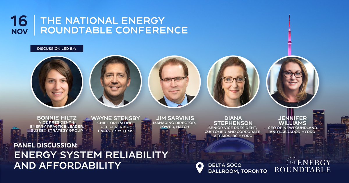 TheEnergyRT's tweet photo. At our Annual National Energy Roundtable Conference in Toronto, panel members will examine what an integrated energy plan looks like &amp; how it can ensure a balance between grid reliability &amp; affordability. https://t.co/BrUMeCfZR5 @ATCO @bchydro @NLHydro @SussexStrategy https://t.co/uDZkY8A6sY