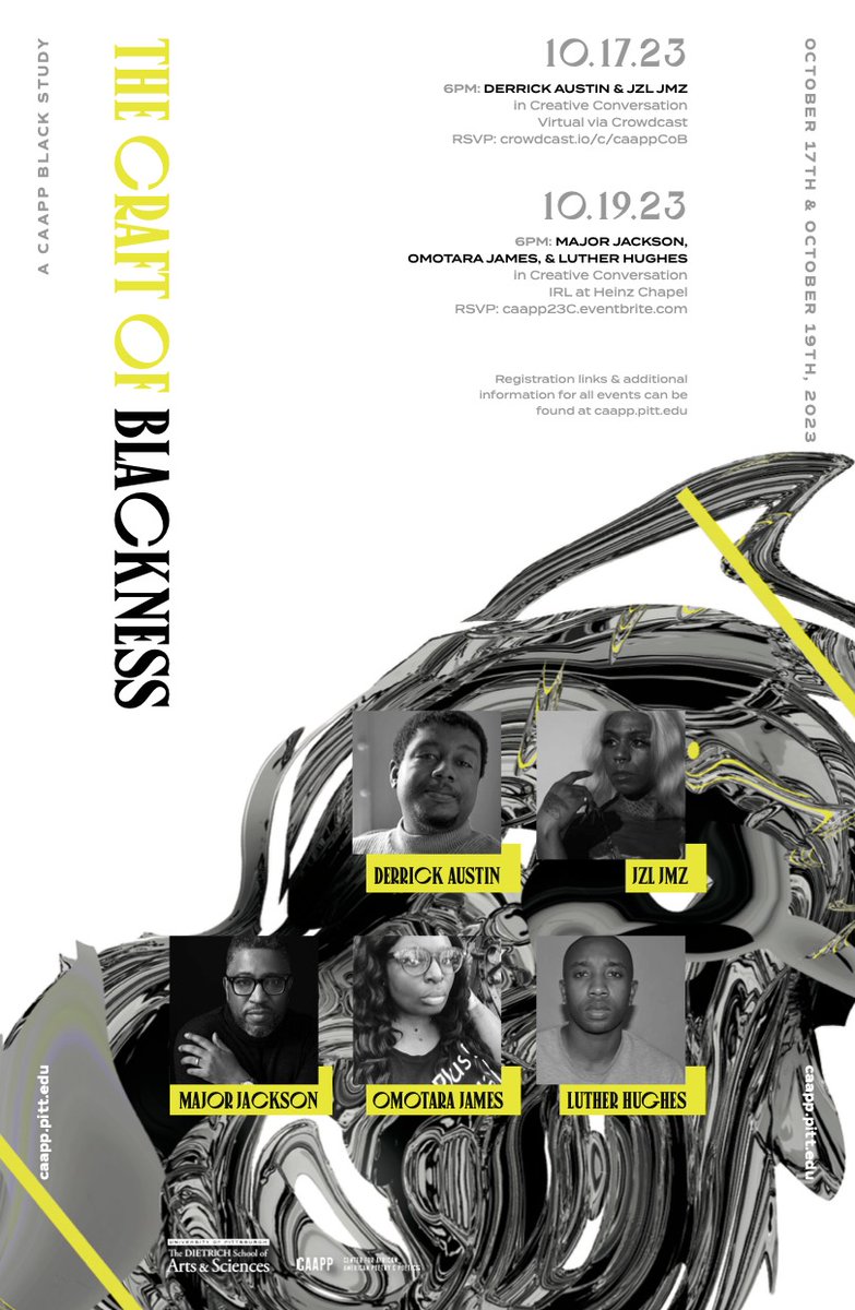 This semester, CAAPP focuses on "The Craft of Blackness" to examine craft and experimentation. 

Join us for our in-person event on Thursday, October 19 at 6pm for <a href="/MajorJacksons/">Major Jackson</a>, <a href="/OmotaraJames/">SOMS out now! 👇🏾 | @omotarajames.bsky.social</a>, and <a href="/lutherxhughes/">Luther Hughes</a> in creative conversation. 

RSVP: bit.ly/caappblackstud…