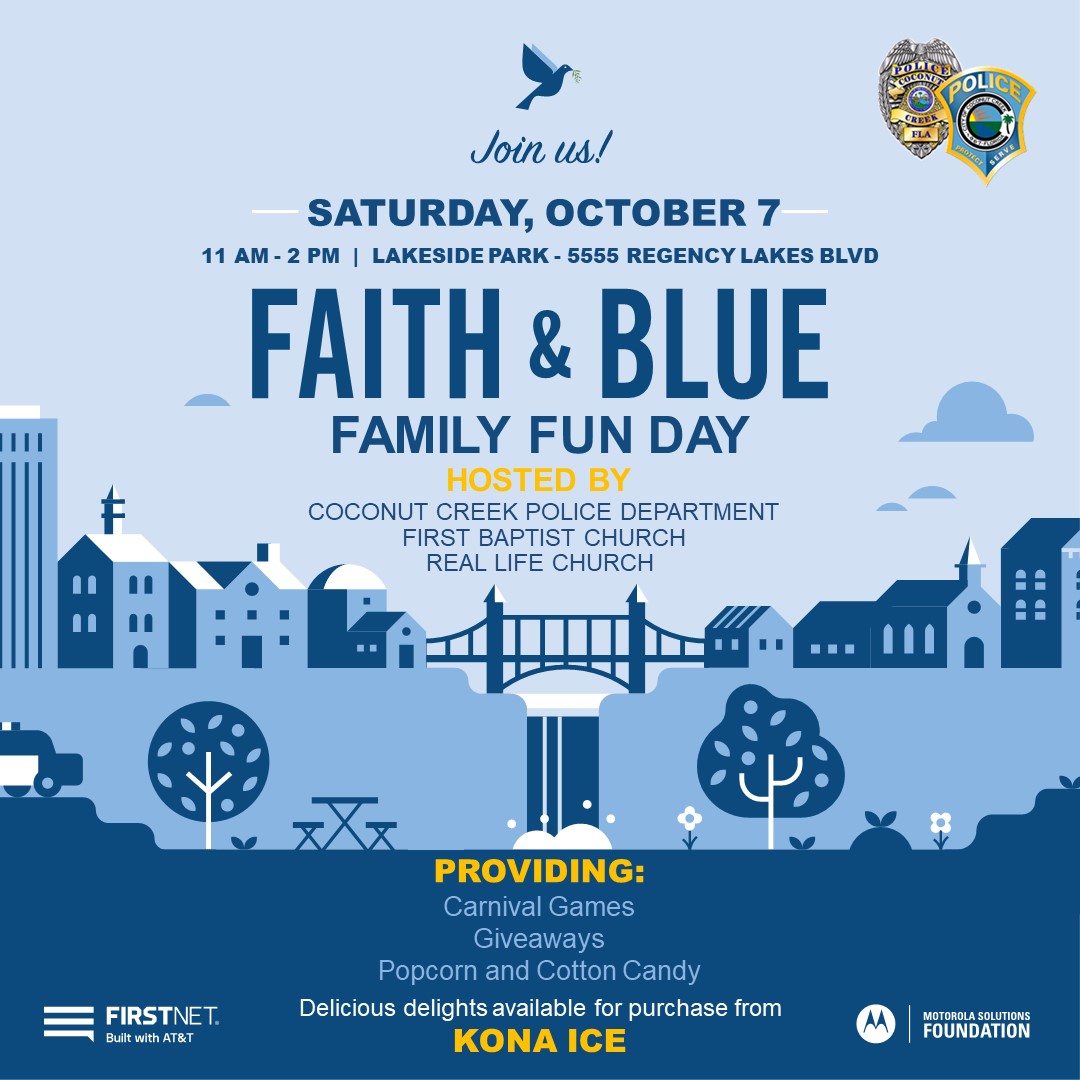 CoconutCreekPD's tweet photo. Thanks to the local #pastors who kicked off #FaithAndBlueWeekend at our #MeetAndGreet this morn. #FaithAndBlue #FamilyFunDay is tomorrow [Oct 7] from 11 to 2 at Lakeside Park. There'll be snacks, giveaways, games... and it's all #free! All are welcome. #WorkingTogether https://t.co/AJXrEMHLvX