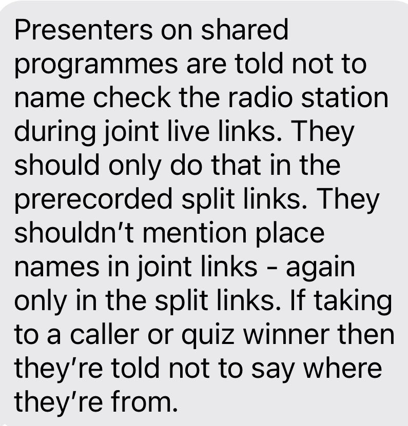 New advice for presenters of shared programmes on #BBCLocalRadio 

It’s almost like management are ashamed of it not being local any more. 

#keepbbclocalradiolocal