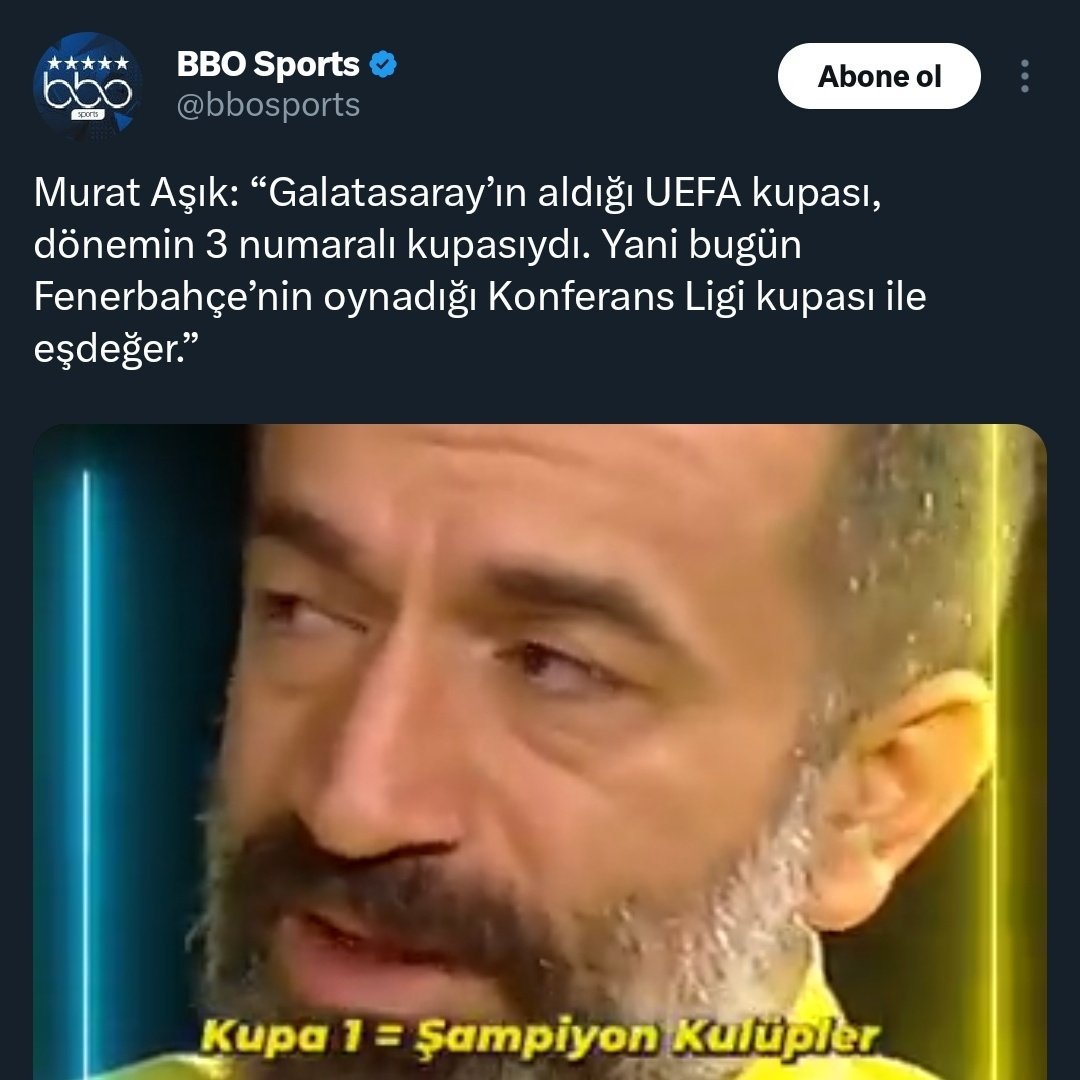 Bunlar gibi bilgisiz, futboldan anlamayan adamları dinlediği için FB taraftarı vasat takılıyor.

Kupa Galipleri Kupası en son 1998-1999 sezonunda oynanmıştır.

Galatasaray UEFA Kupası'nı aldığında sadece Şampiyonlar Ligi ve UEFA Kupası vardı.

Al bu bilgiyi... <a href="/muratasik_/">Murat Aşık</a>