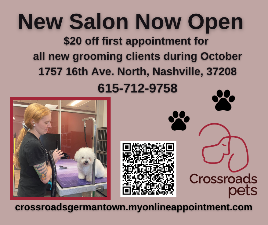 Nashville nonprofit working with young adults facing homelessness and homeless pets. We earn 30% of funds via grooming salons and pet retail store. Book an appointment today. crossroadscampus.org/grooming/ or 615-712-9758.

#petgrooming #healthypets #dogsofnashville #cleandog #dogbath