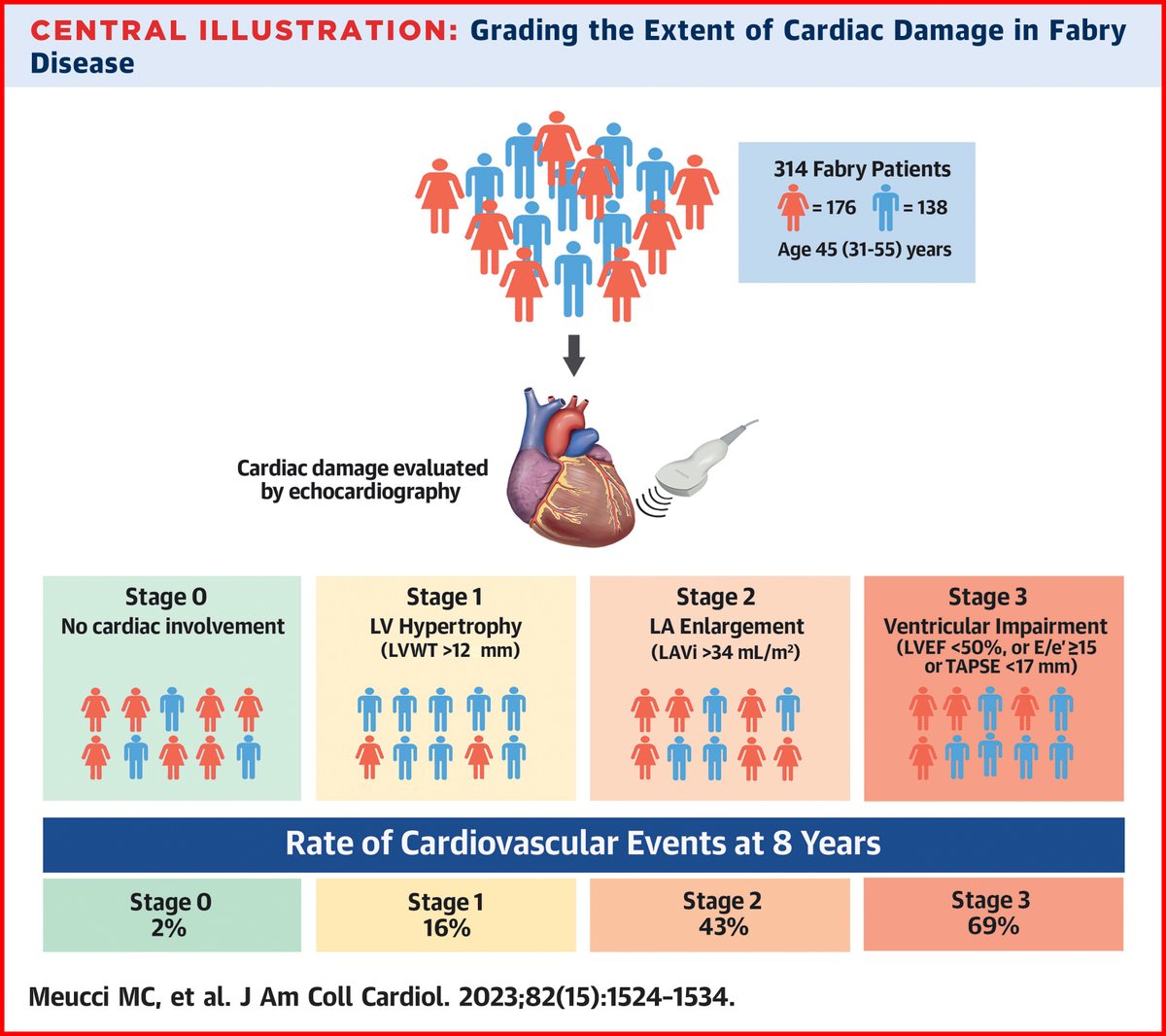 Staging cardiac damage in Fabry disease by echocardiography predicts cardiovascular outcomes and may help in patients' risk stratification. bit.ly/3PGuyFS #JACC #FabryDisease #cvEcho #cvHCM #CardioTwitter