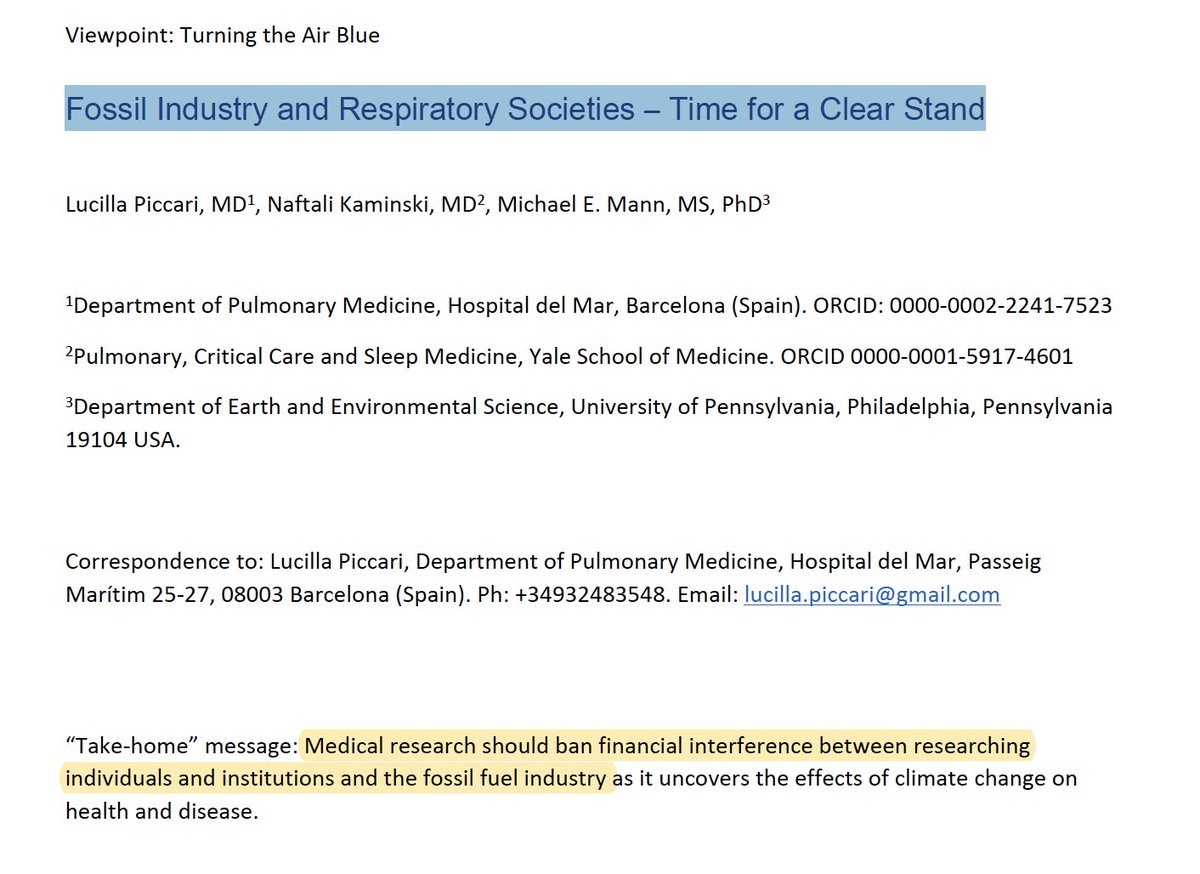 KaminskiMed's tweet image. Finally out!  "Fossil Industry and Respiratory Societies – Time for a Clear Stand" - a call to ban Fossil Fuel Industry ties &amp;amp; funding as we ban #BigTobacco. 
Read paper atsjournals.org/doi/10.1164/rc…  and 🧵 below
RT and amplify
#ClimateAction 
Kudos @LucillaPiccari @MichaelEMann!!!